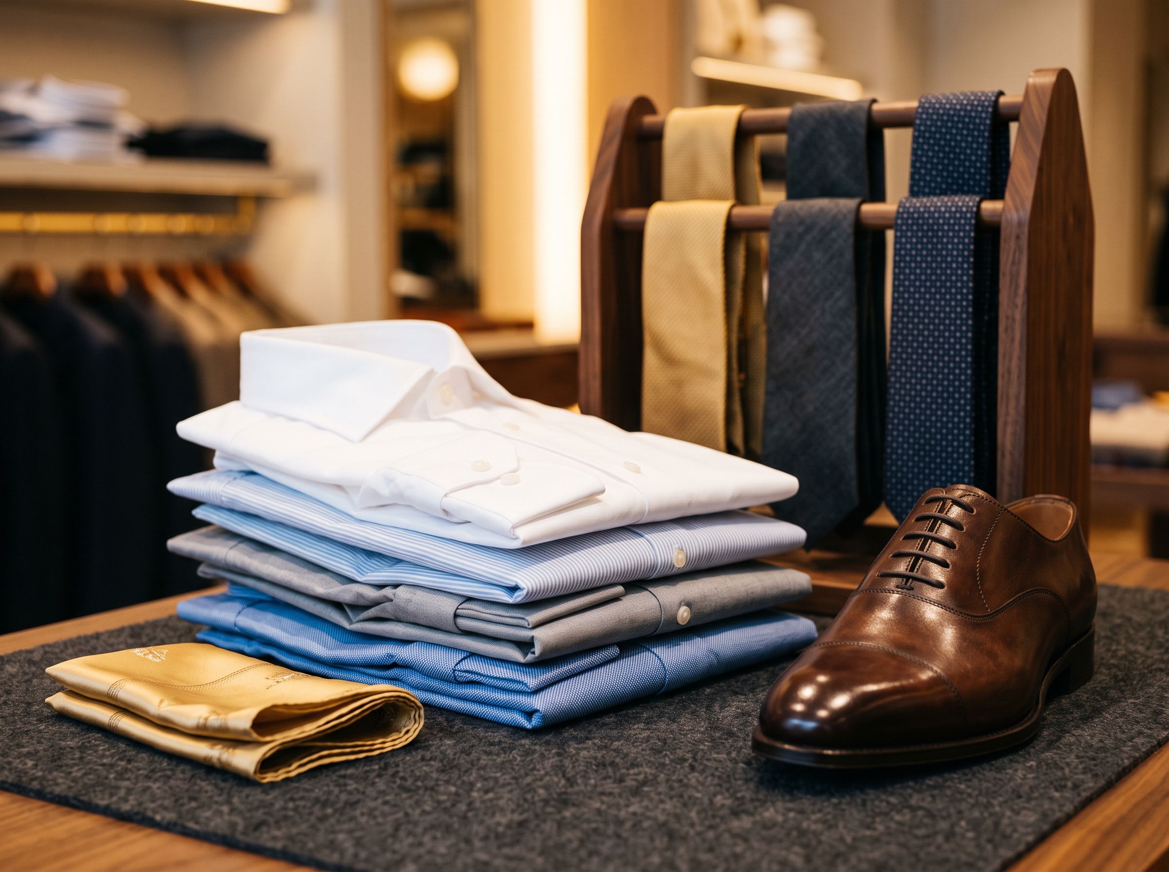 Folded dress shirts, a pocket square and a leather dress shoe
