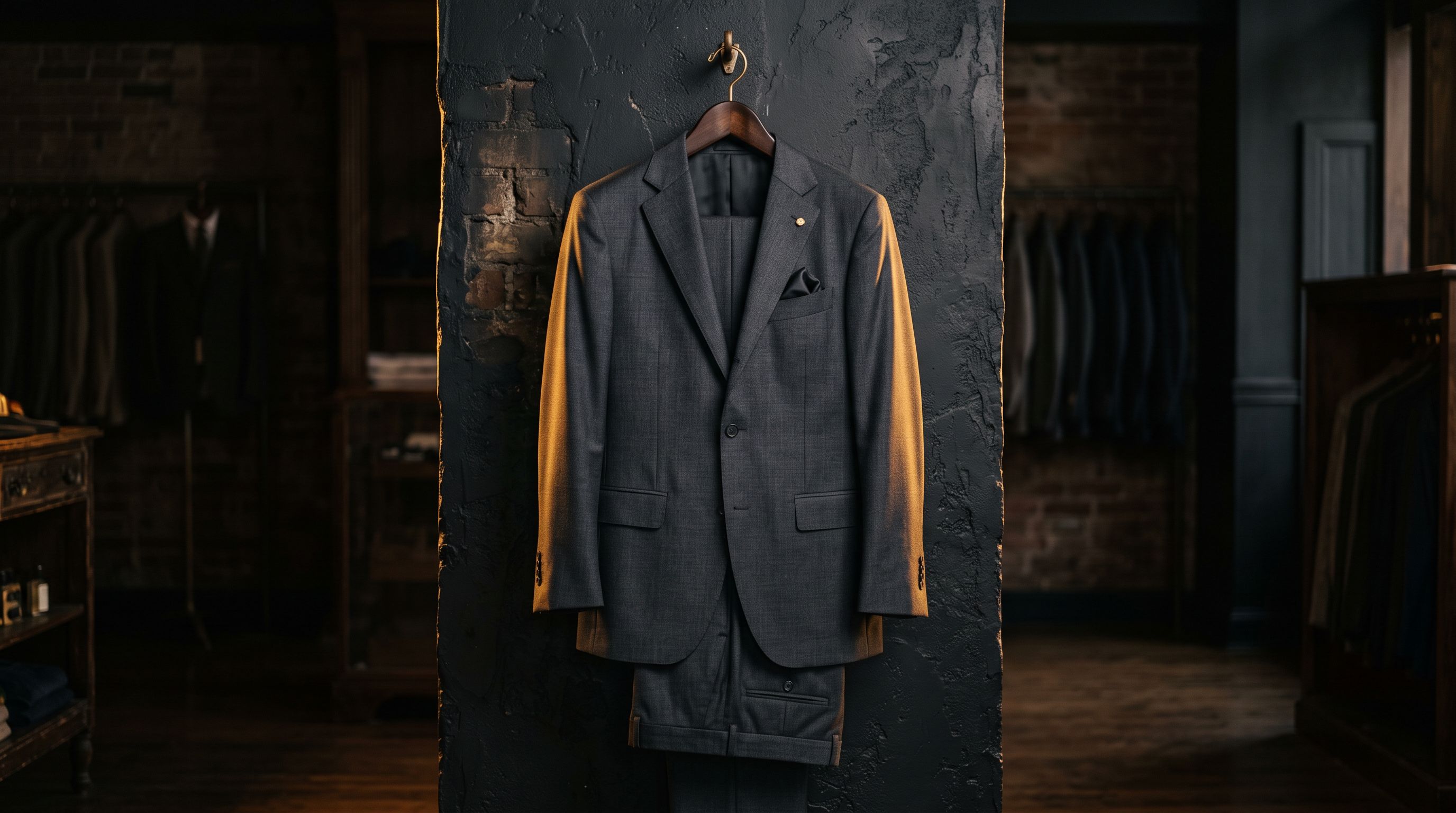 A charcoal suit on a wooden hanger against a dark brick wall inside Mr S Clothing