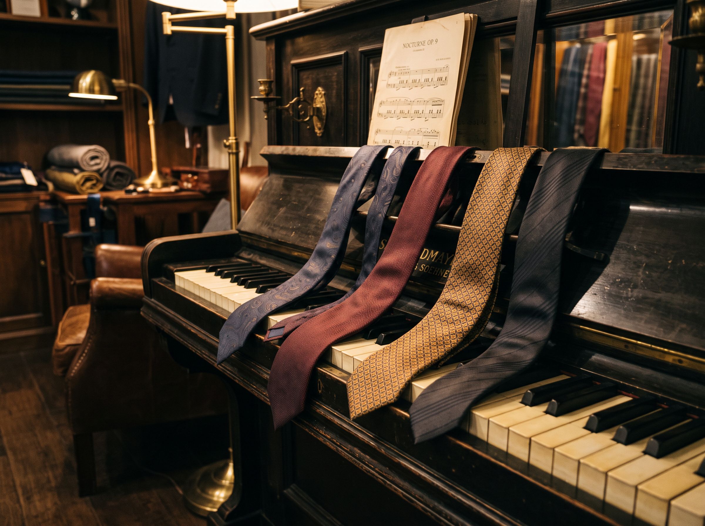 Silk ties draped across the keys of an antique piano