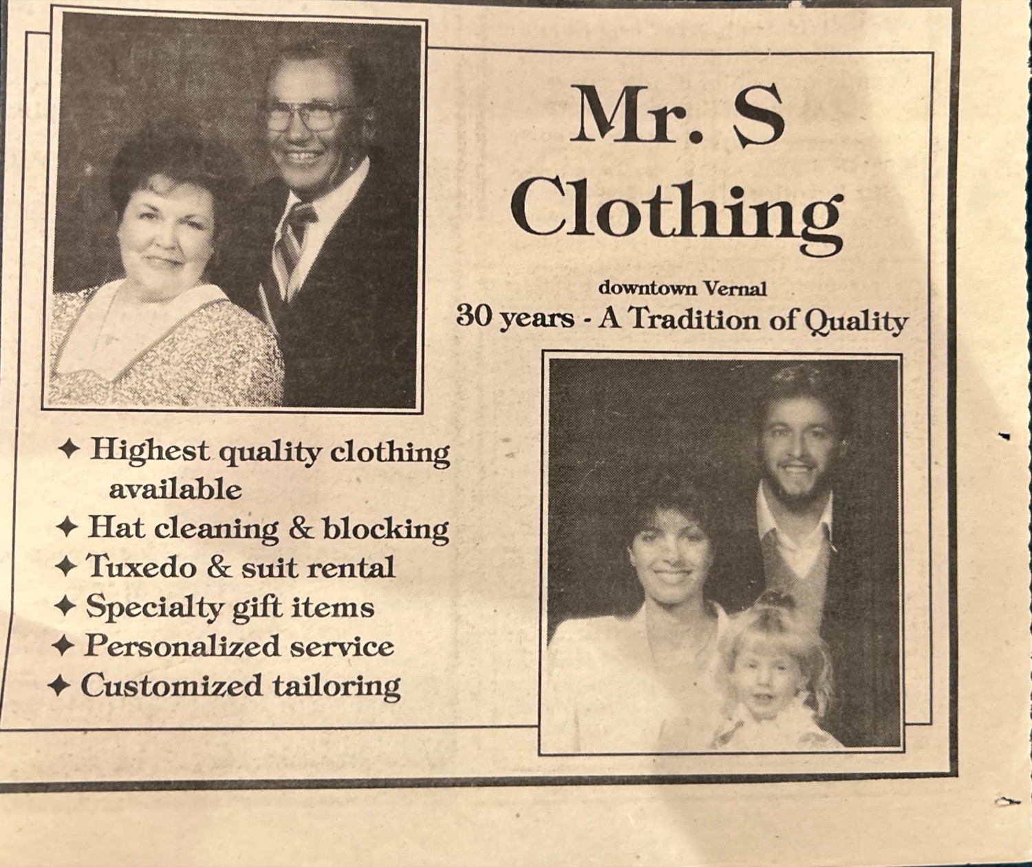 A scanned vintage Mr S Clothing newspaper ad reading downtown Vernal, 30 years, A Tradition of Quality, with two family portraits and a list of services