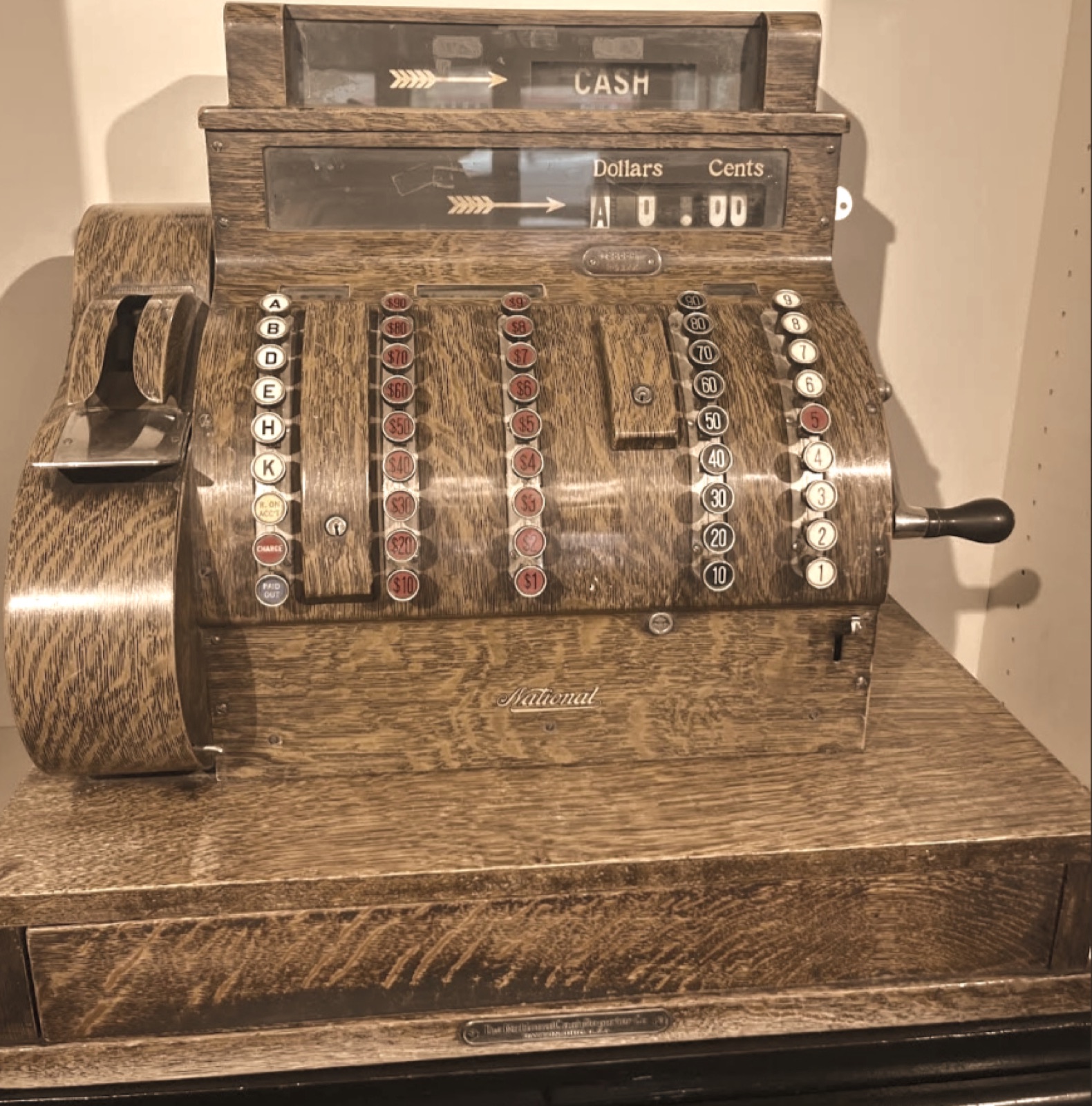 An antique National cash register on display at Mr S Clothing
